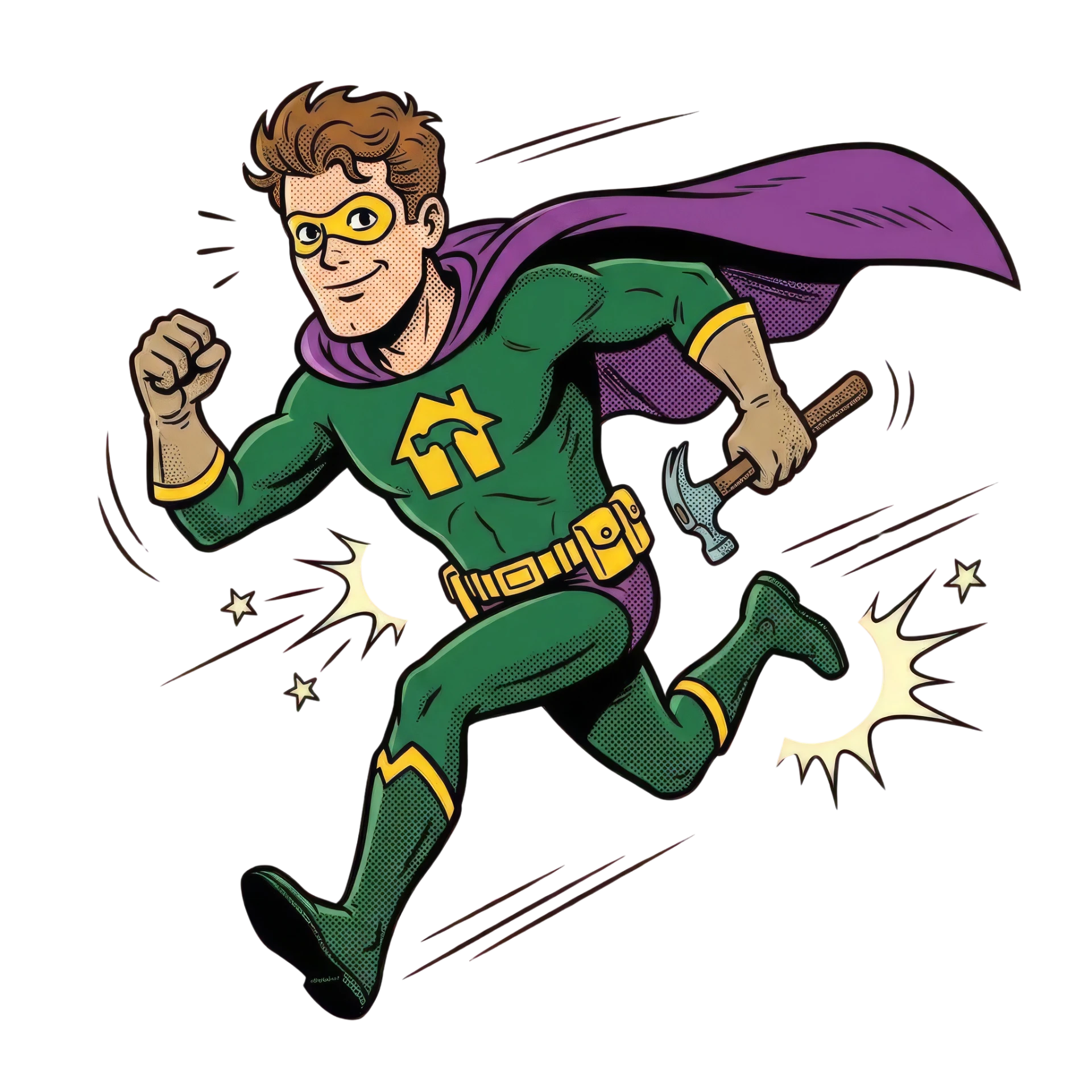 Your Home Heroes mascot — a caped superhero handyman running with a hammer