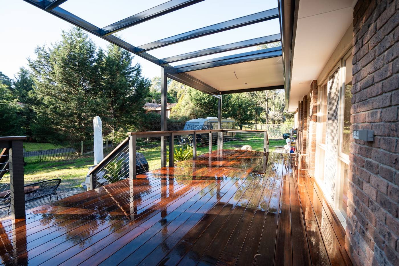 Merbau deck with steel pergola, built in Melbourne